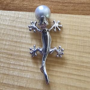Sterling Silver 925 Pearl Gecko Lizard Pendant